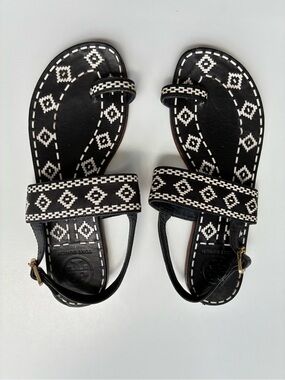 Tory Burch Black Leather Embroidered Sandals Ivory Size 8M